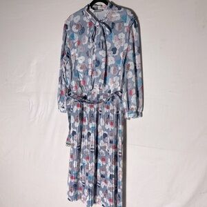 Vintage Luc De La Roche Floral Long Sleeve Pleated Modest Dress L Grannycore